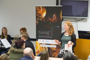 Anne-Marie Weijmans introducing Shine and the St Andrews Brass Quintet during the Open Night (credit: Carolin Villforth).