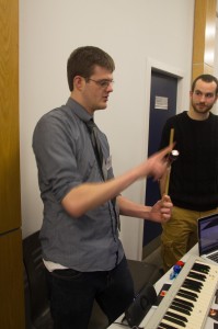 Alastair Hodson and Rémy Köth demonstrating our pulsar keyboard during Science Discovery Day (credit: Carolin Villforth).